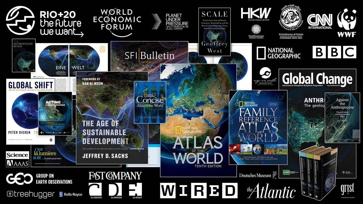 A collage of international media coverage featuring GLOBAÏA's Anthropocene visualizations